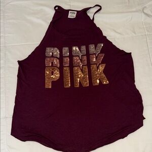 PINK Victoria's Secret Burgundy Racerback Tank with Gold Sequin Logo